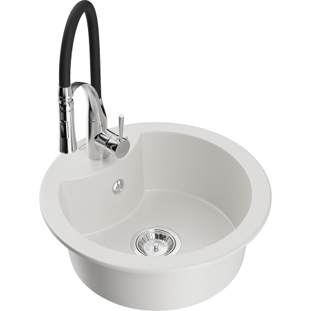 Mexen Diego 1-Bowl Granite Sink with Aster Kitchen Tap, White - 6512-20-73450-07