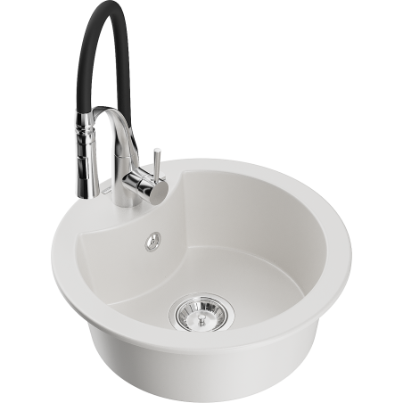 Mexen Diego lava-louça de granito de 1 bacia com torneira de cozinha Aster, branco - 6512-20-73450-07