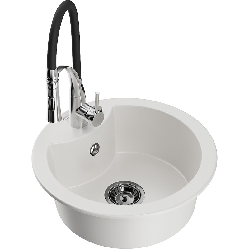 Mexen Diego fregadero de granito de 1 compartimento con grifo de cocina Aster, blanco - 6512-20-73450-07-B
