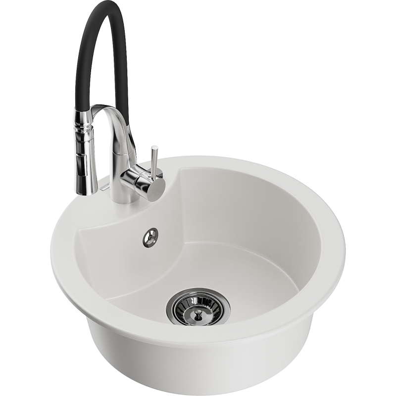 Mexen Diego granieten spoelbak met 1 bak en Aster keukenkraan, wit - 6512-20-73450-07-B