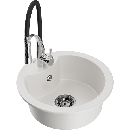 Mexen Diego granieten spoelbak met 1 bak en Aster keukenkraan, wit - 6512-20-73450-07-B