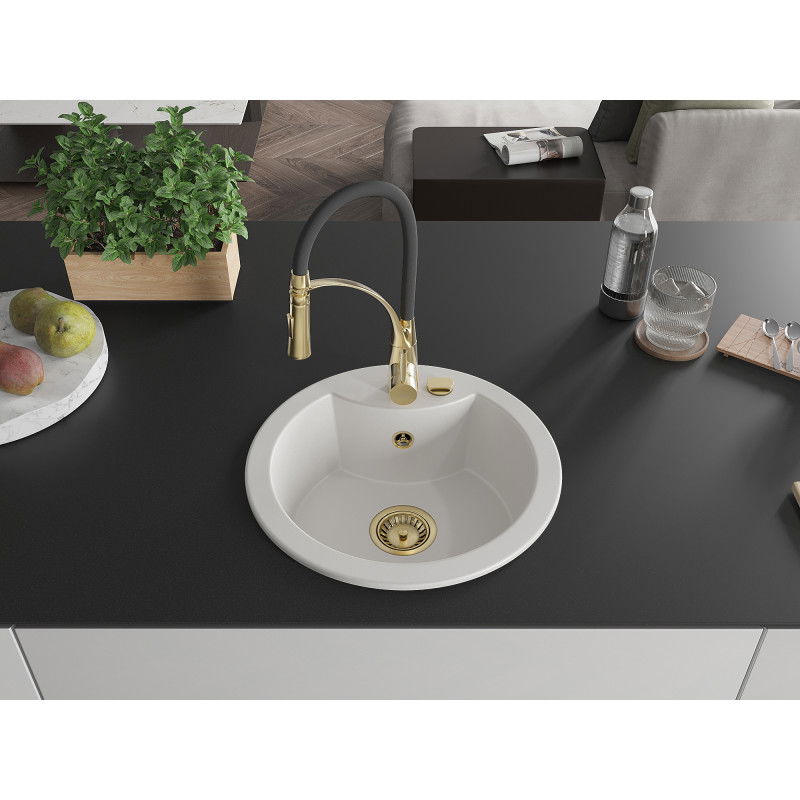 Mexen Diego 1-bowl granite sink with Aster kitchen tap, white - 6512-20-73450-57-G