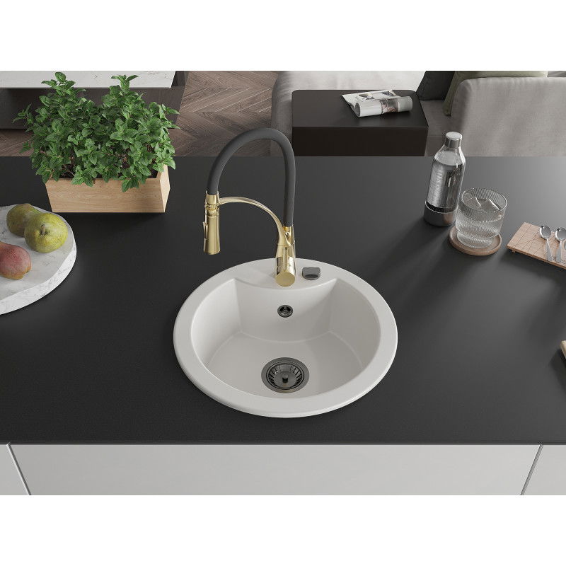 Mexen Diego one-bowl granite sink with Aster kitchen tap, white - 6512-20-73450-57-B