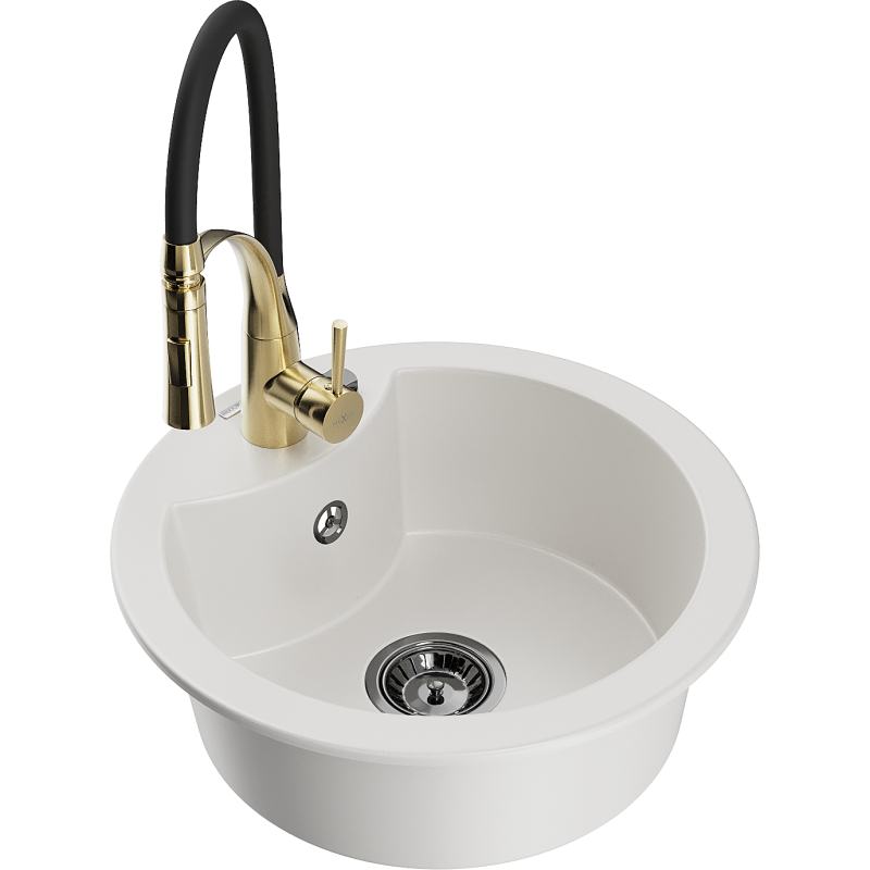 Mexen Diego one-bowl granite sink with Aster kitchen tap, white - 6512-20-73450-57-B