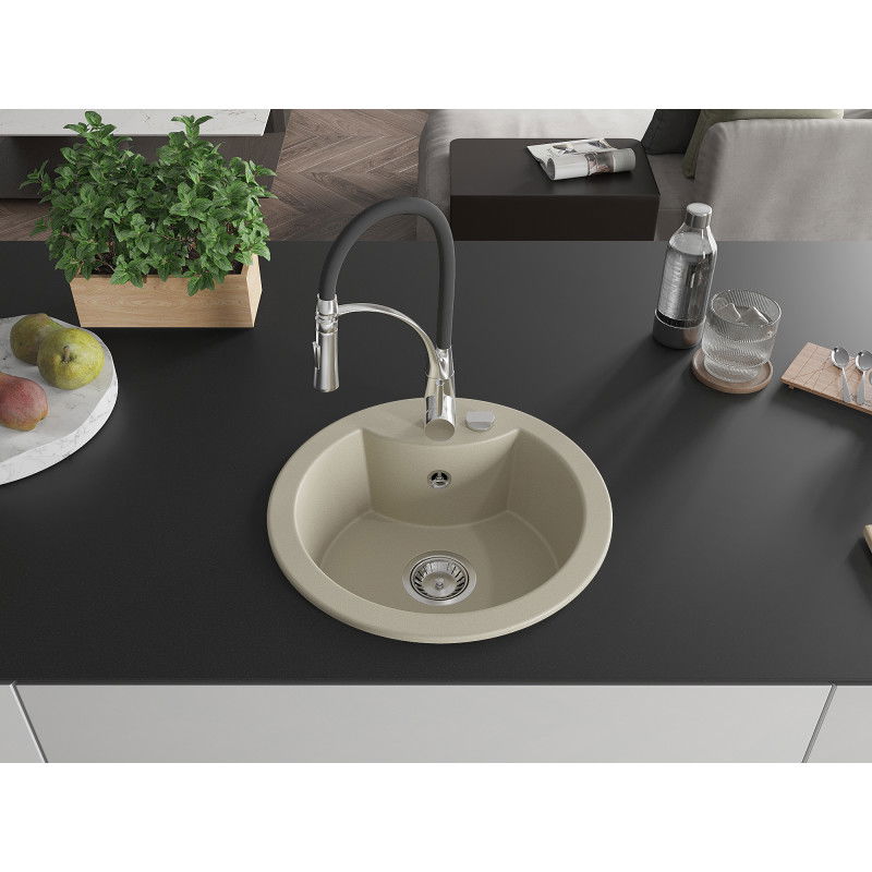 Mexen Diego évier en granit 1 bac avec robinet de cuisine Aster, beige - 6512-69-73450-07