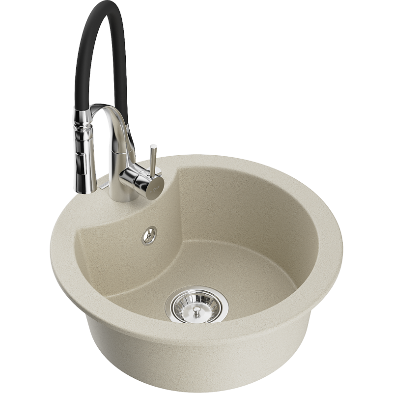 Mexen Diego 1-bowl granite sink with Aster kitchen tap, beige - 6512-69-73450-07