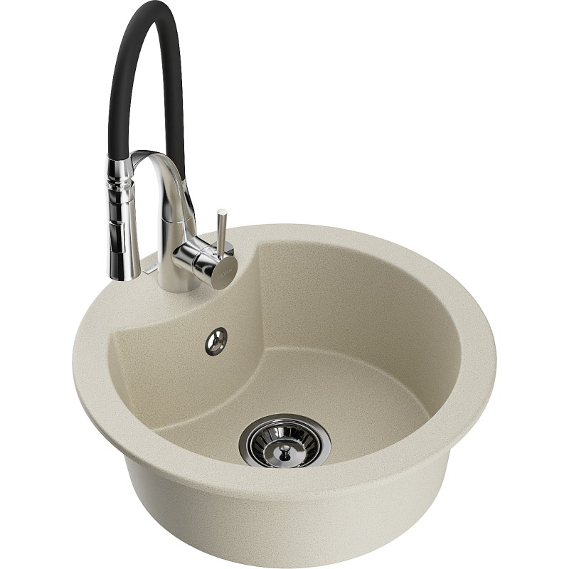 Mexen Diego granitische gootsteen met 1 bak en keukenmengkraan Aster, beige - 6512-69-73450-07-B