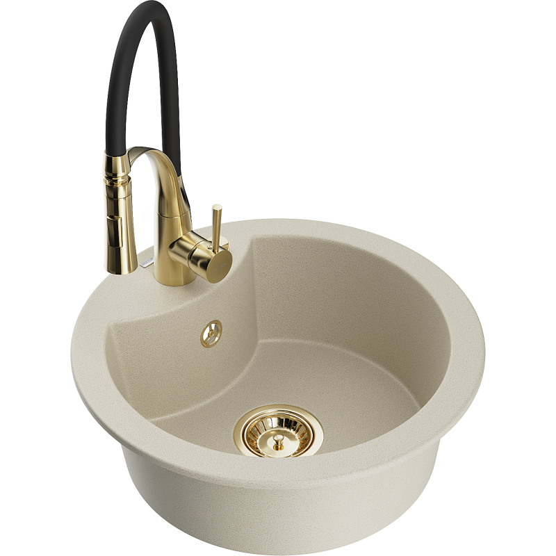 Mexen Diego 1-Bowl Granite Kitchen Sink with Aster Kitchen Tap, Beige - 6512-69-73450-57-G