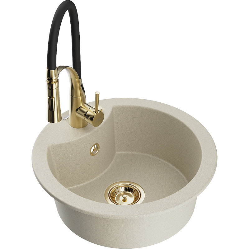 Mexen Diego granitische gootsteen met 1 kom met keukenmengkraan Aster, beige - 6512-69-73450-57-G