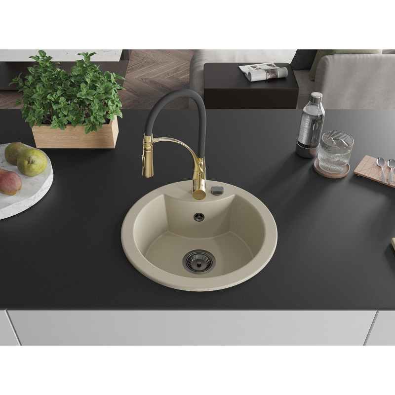 Mexen Diego granitische spoelbak met 1 kom en keukenmengkraan Aster, beige - 6512-69-73450-57-B
