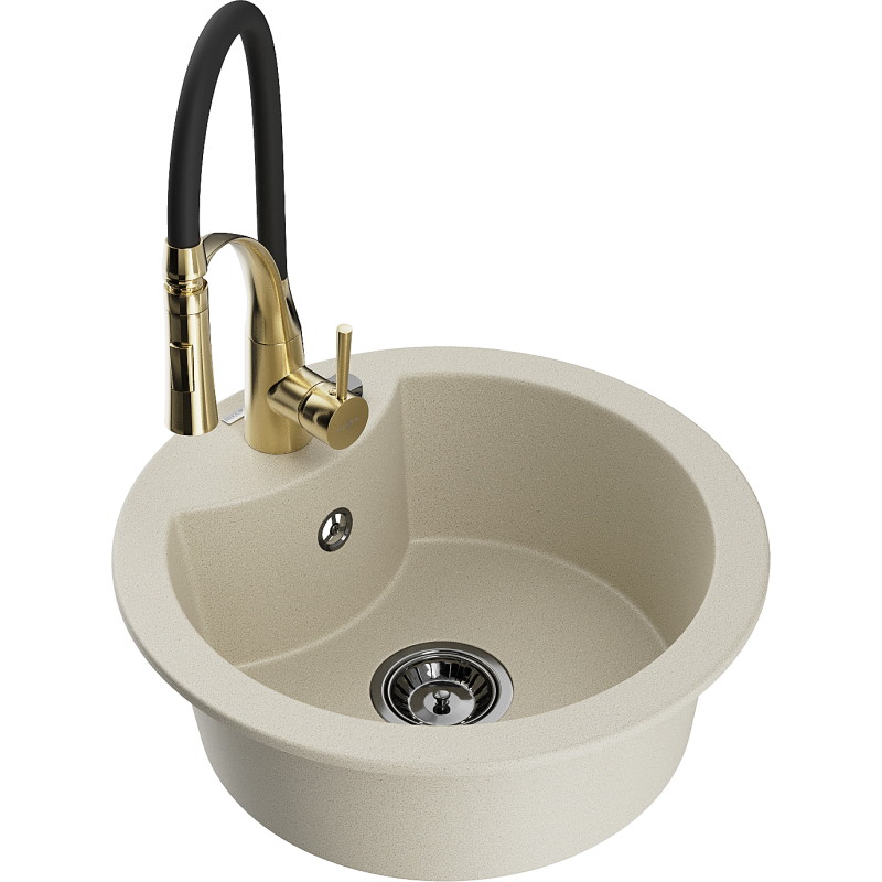 Mexen Diego granieten spoelbak 1-komoers met keukenmengkraan Aster, beige - 6512-69-73450-57-B