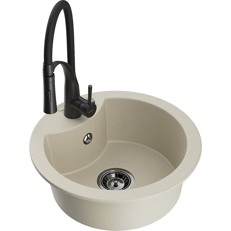 Mexen Diego granite kitchen sink 1-bowl with tap Aster, beige - 6512-69-73450-70-B
