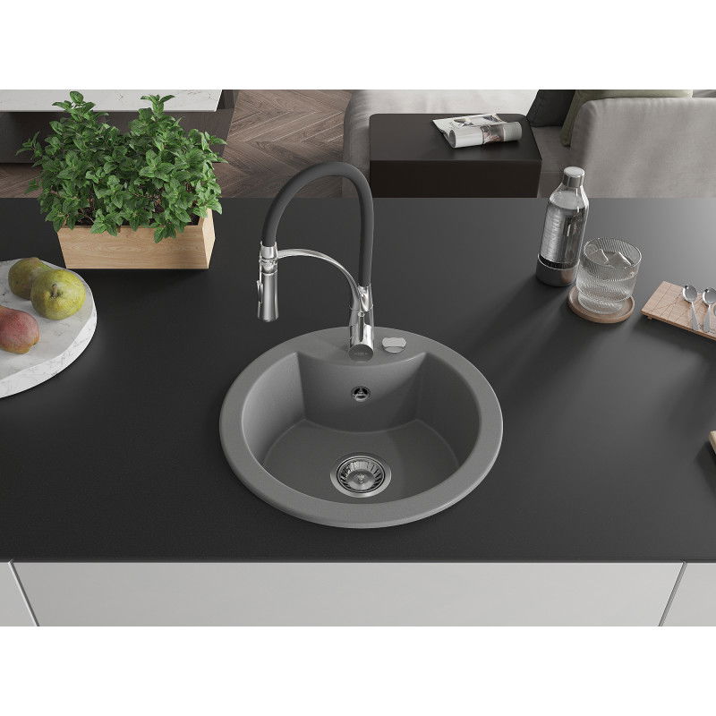 Mexen Diego 1-bowl granite sink with Aster kitchen tap, grey - 6512-71-73450-07