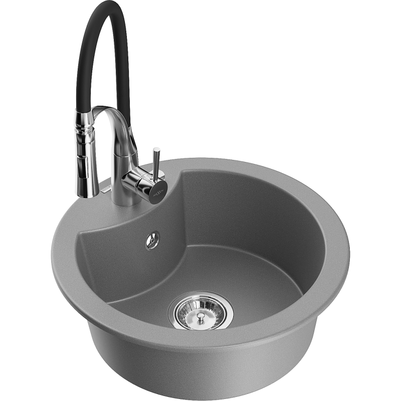 Mexen Diego 1-bowl granite sink with Aster kitchen tap, grey - 6512-71-73450-07