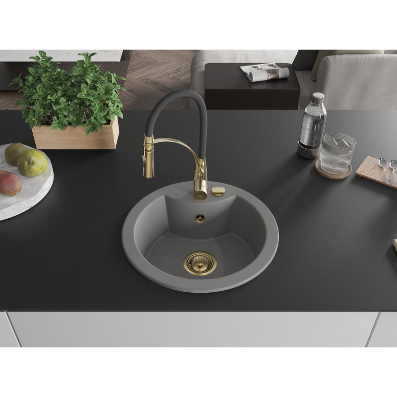 Mexen Diego 1-bowl granite sink with Aster kitchen tap, grey - 6512-71-73450-57-G