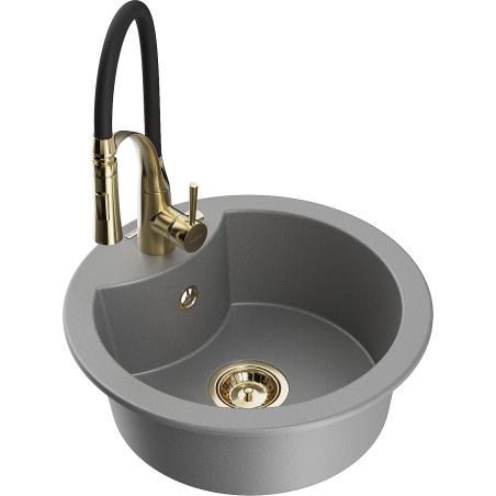 Mexen Diego 1-bowl granite sink with Aster kitchen tap, grey - 6512-71-73450-57-G