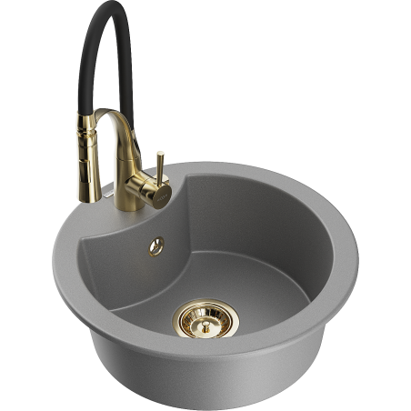 Mexen Diego granīta izlietne ar 1 nodalījumu un virtuves krānu Aster, pelēka - 6512-71-73450-57-G