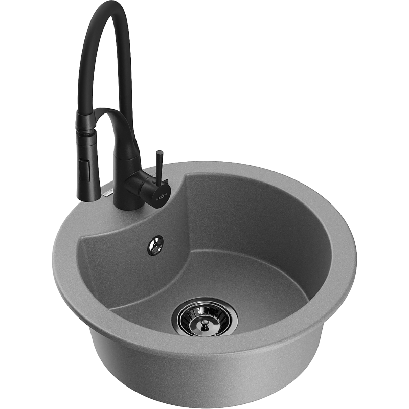 Mexen Diego granieten gootsteen 1-komor met keukenmengkraan Aster, grijs - 6512-71-73450-70-B