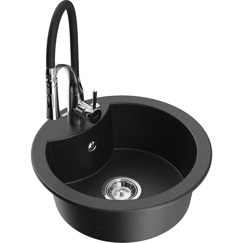 Mexen Diego fregadero de granito de 1 seno con grifo de cocina Aster, negro/metálico plateado - 6512-73-73450-07