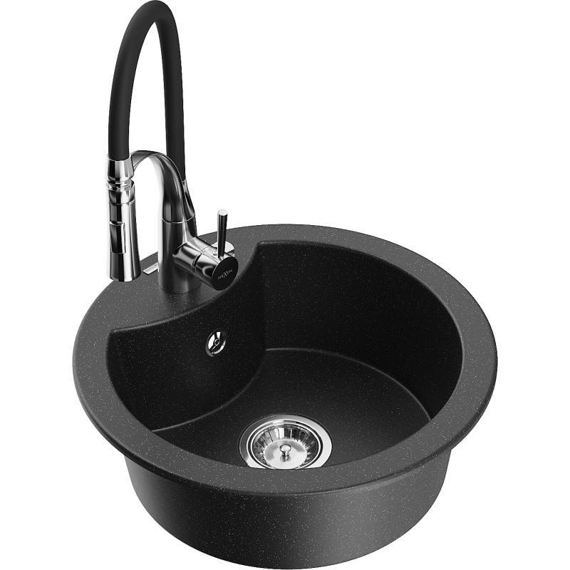 Mexen Diego lavello in granito a 1 vasca con rubinetto da cucina Aster, nero/metallico argento - 6512-73-73450-07