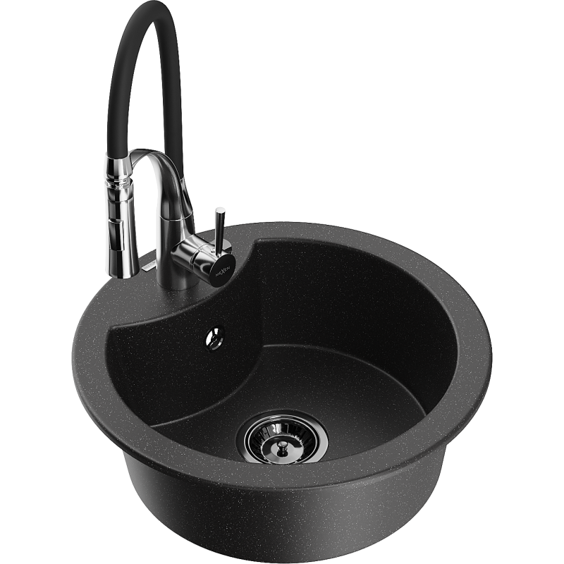 Mexen Diego granieten spoelbak 1-komers met keukenmengkraan Aster, zwart/zilver metallic - 6512-73-73450-07-B