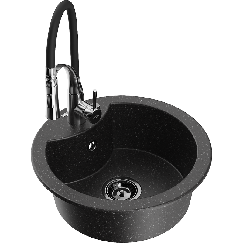 Mexen Diego Granitspüle 1-Becken mit Küchenarmatur Aster, schwarz/silber metallic - 6512-73-73450-07-B