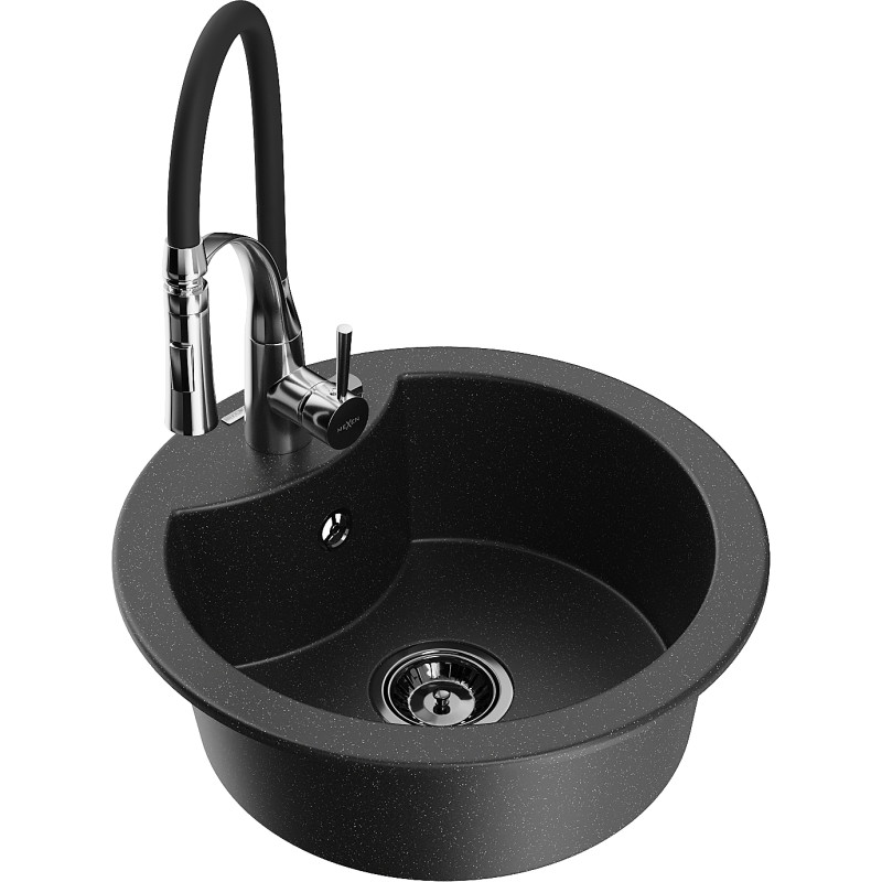 Mexen Diego Granitspüle 1-beckig mit Küchenarmatur Aster, schwarz/silber metallic - 6512-73-73450-07-B