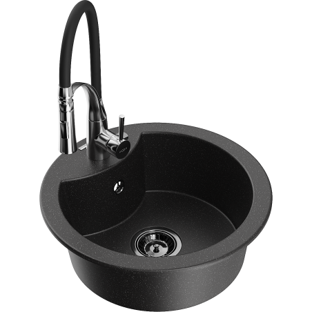 Mexen Diego granieten spoelbak 1-komers met keukenmengkraan Aster, zwart/zilver metallic - 6512-73-73450-07-B