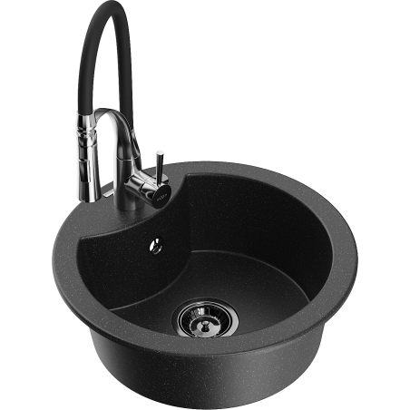 Mexen Diego Granitspüle 1-Becken mit Küchenarmatur Aster, schwarz/silber metallic - 6512-73-73450-07-B