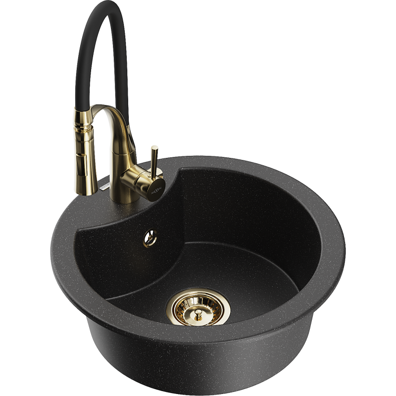 Mexen Diego fregadero de granito de 1 cubeta con grifo de cocina Aster, negro/metálico plateado - 6512-73-73450-57-G