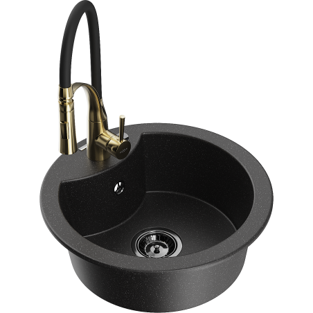 Mexen Diego Granite Sink 1-Bowl with Aster Kitchen Tap, Black/Silver Metallic - 6512-73-73450-57-B
