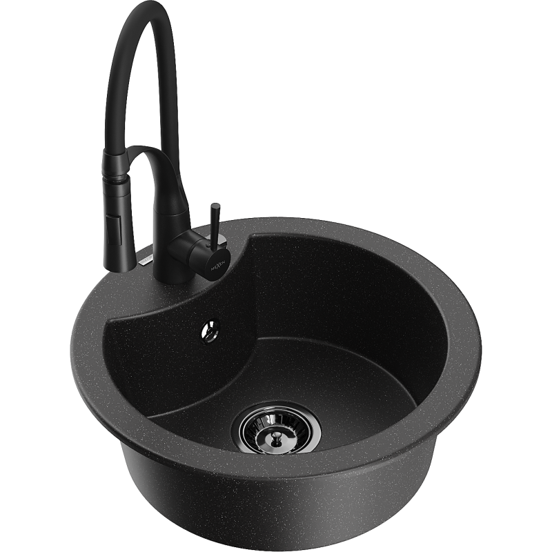 Mexen Diego 1-allasinen graniittinen pesuallas keittiöhanalla Aster, musta/hopea metalli - 6512-73-73450-70-B