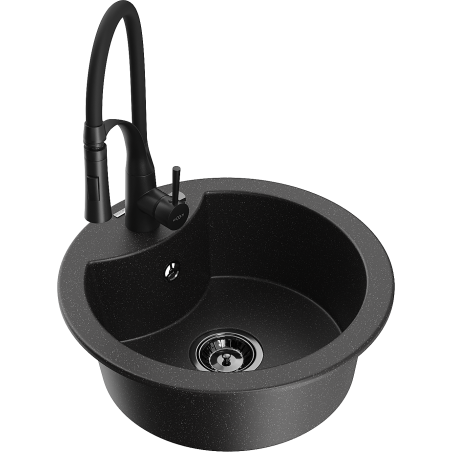 Mexen Diego granit gootsteen 1-kompeer met keukenmengkraan Aster, zwart/zilveren metallic - 6512-73-73450-70-B