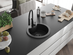 Mexen Diego Granitspüle 1-Becken mit Küchenarmatur Aster, schwarz/silber metallisch - 6512-73-73450-70-B