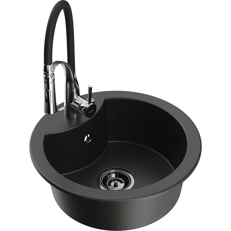 Mexen Diego 1-bowl granite sink with Aster kitchen faucet, black/gold metallic - 6512-75-73450-07-B