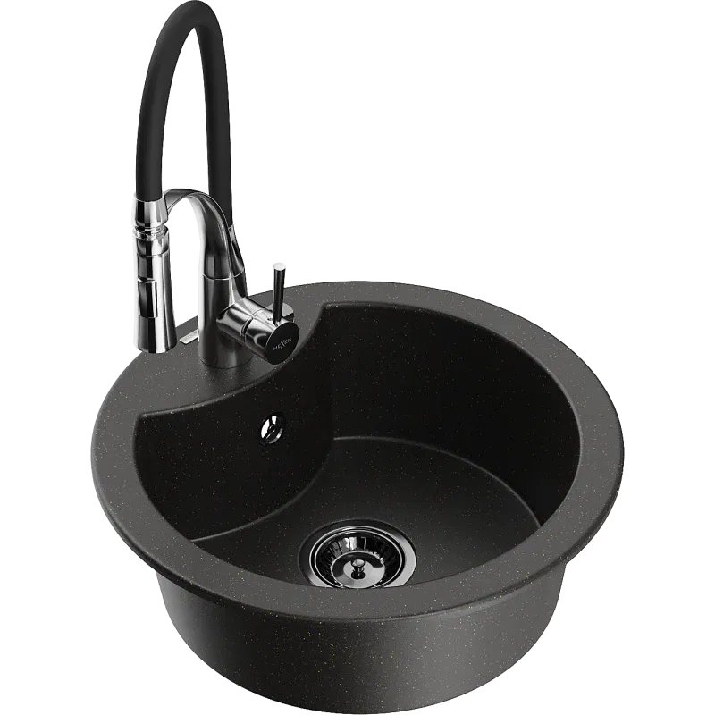 Mexen Diego Granitspüle 1-Becken mit Küchenarmatur Aster, schwarz/gold metallic - 6512-75-73450-07-B