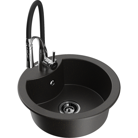 Mexen Diego 1-bowl granite sink with Aster kitchen faucet, black/gold metallic - 6512-75-73450-07-B