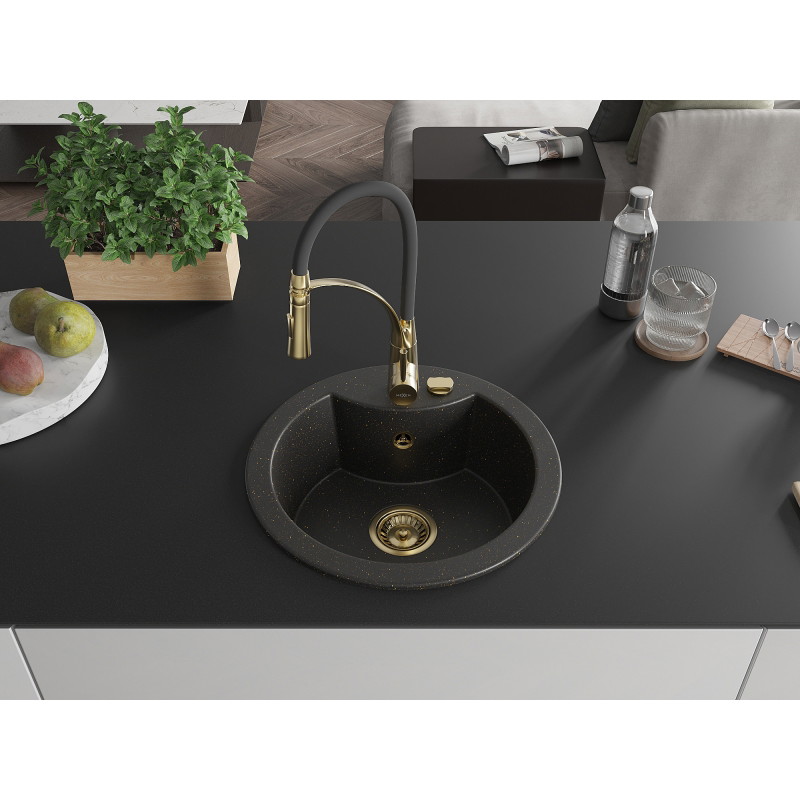Mexen Diego Granitspüle 1-Kammer mit Küchenarmatur Aster, schwarz/gold metallic - 6512-75-73450-57-G