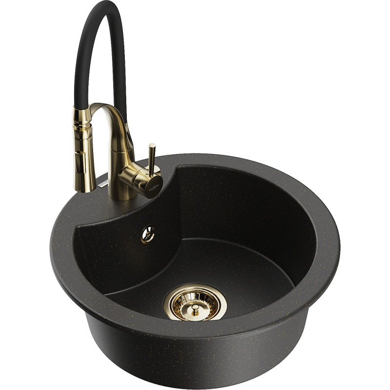 Mexen Diego fregadero de granito de 1 cubeta con grifo de cocina Aster, negro/dorado metálico - 6512-75-73450-57-G