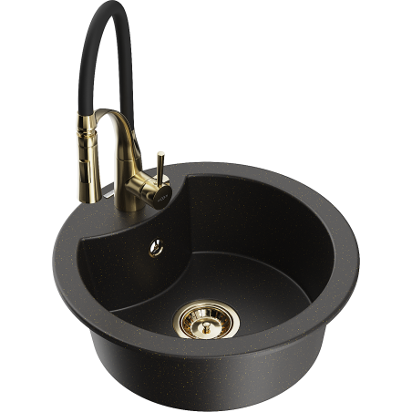 Mexen Diego granieten gootsteen met 1 bak en Aster keukenkraan, zwart/goud metallic - 6512-75-73450-57-G