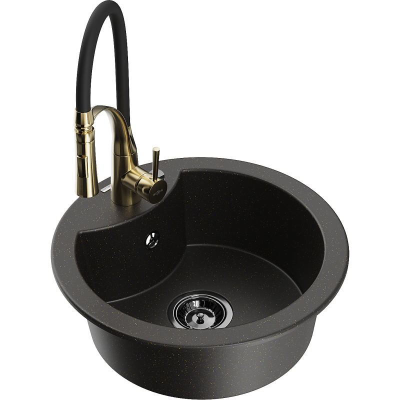Mexen Diego fregadero de granito de 1 cubeta con grifo de cocina Aster, negro/oro metálico - 6512-75-73450-57-B