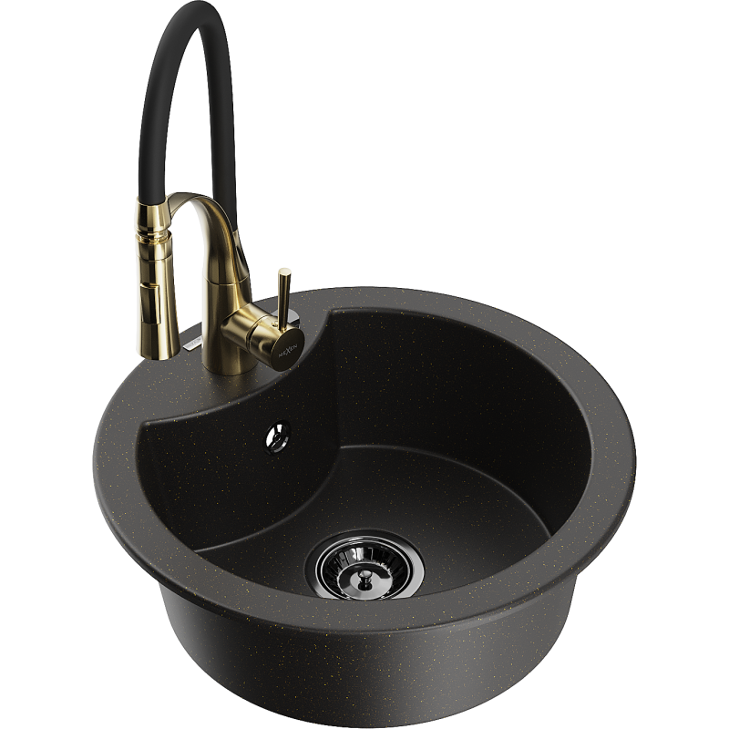 Mexen Diego granite sink single-bowl with Aster kitchen tap, black/gold metallic - 6512-75-73450-57-B