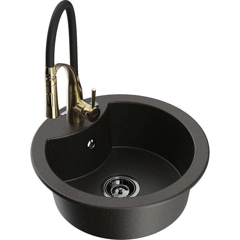 Mexen Diego lavello in granito 1-vasca con rubinetto cucina Aster, nero/oro metallico - 6512-75-73450-57-B