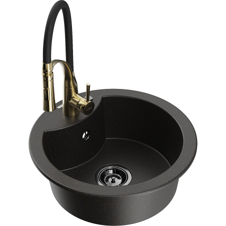 Mexen Diego granite sink single-bowl with Aster kitchen tap, black/gold metallic - 6512-75-73450-57-B