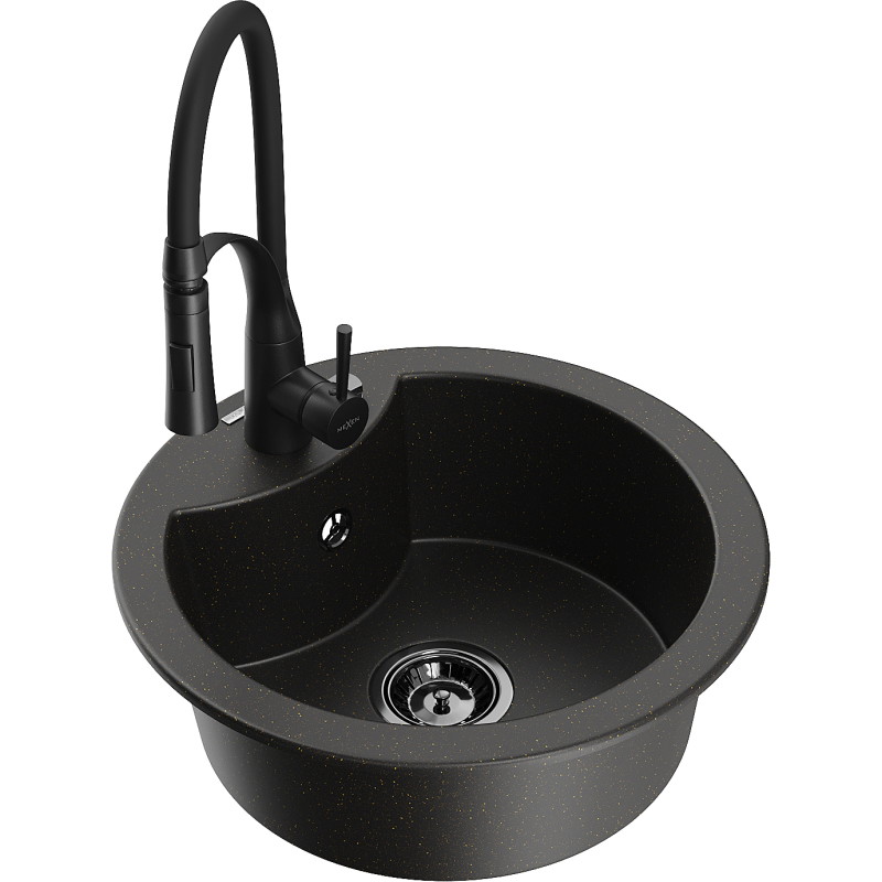 Mexen Diego fregadero de granito de 1 cámara con grifo de cocina Aster, negro/dorado metálico - 6512-75-73450-70-B