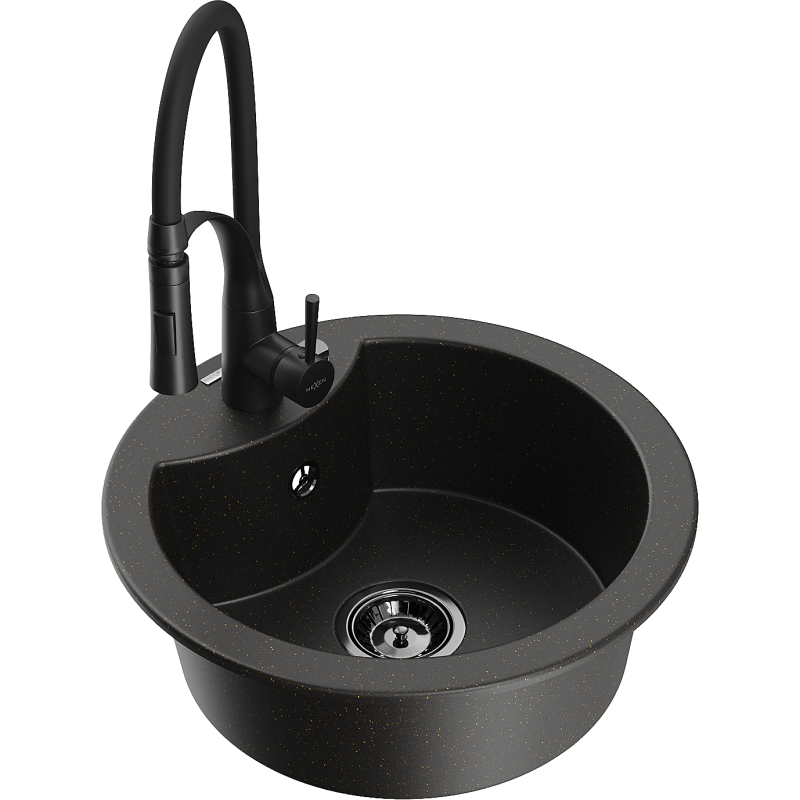 Mexen Diego granite sink single bowl with Aster kitchen tap, black/gold metallic - 6512-75-73450-70-B