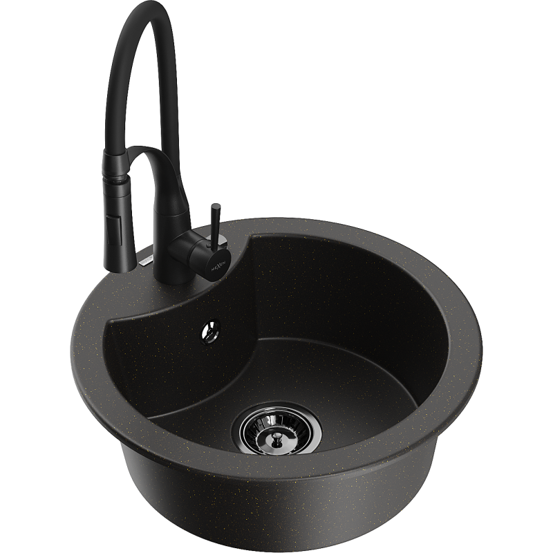 Mexen Diego lavello in granito a 1 vasca con miscelatore cucina Aster, nero/metallo dorato - 6512-75-73450-70-B