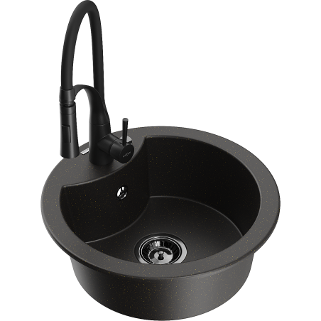 Mexen Diego granite sink single bowl with Aster kitchen tap, black/gold metallic - 6512-75-73450-70-B