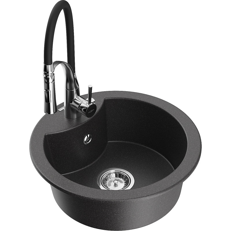 Mexen Diego granite sink 1-bowl with Aster kitchen tap, black speckled - 6512-76-73450-07