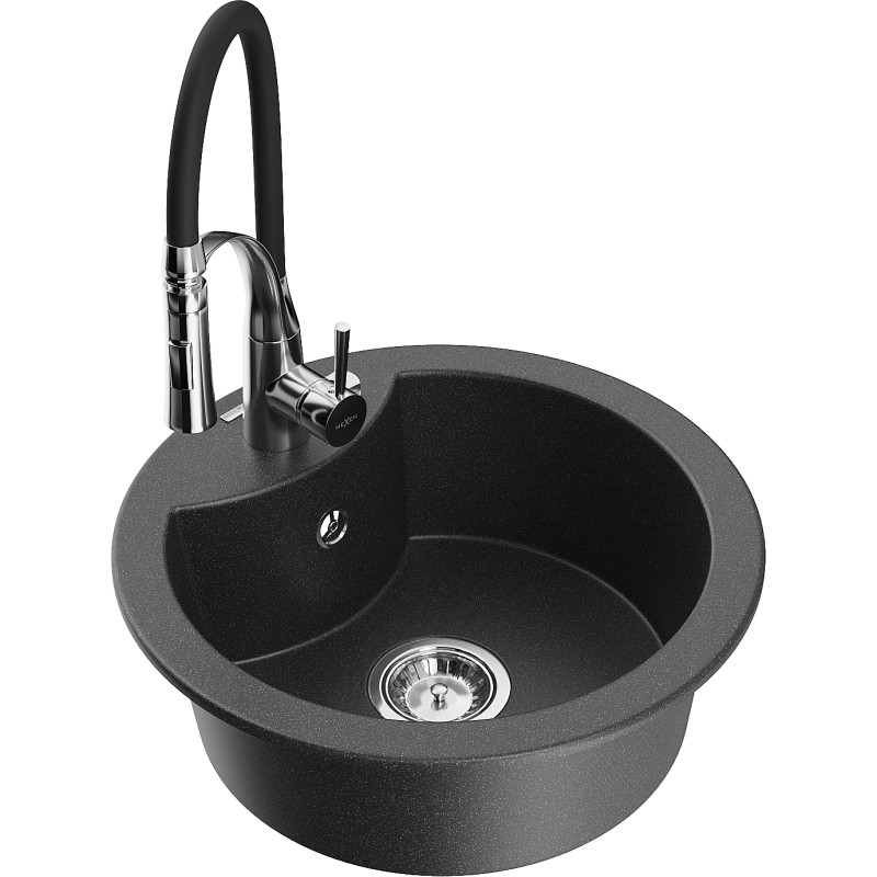 Mexen Diego granitische gootsteen 1-komor met keukenkraan Aster, zwart gespikkeld - 6512-76-73450-07